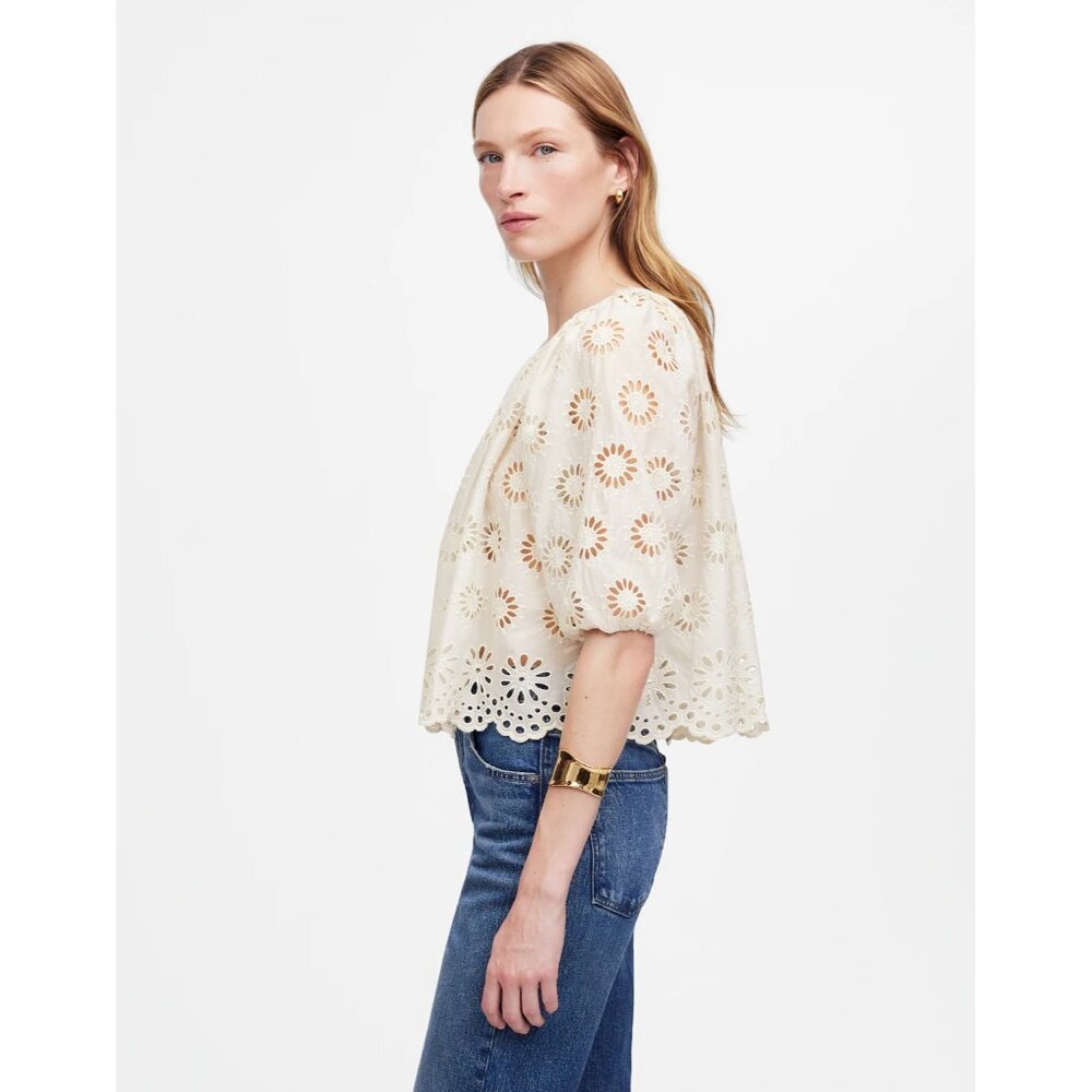 Madewell Womens Size Small Embroidered Shirred Puff Sleeve Top Floral Eyelet 333 - Picture 2 of 11